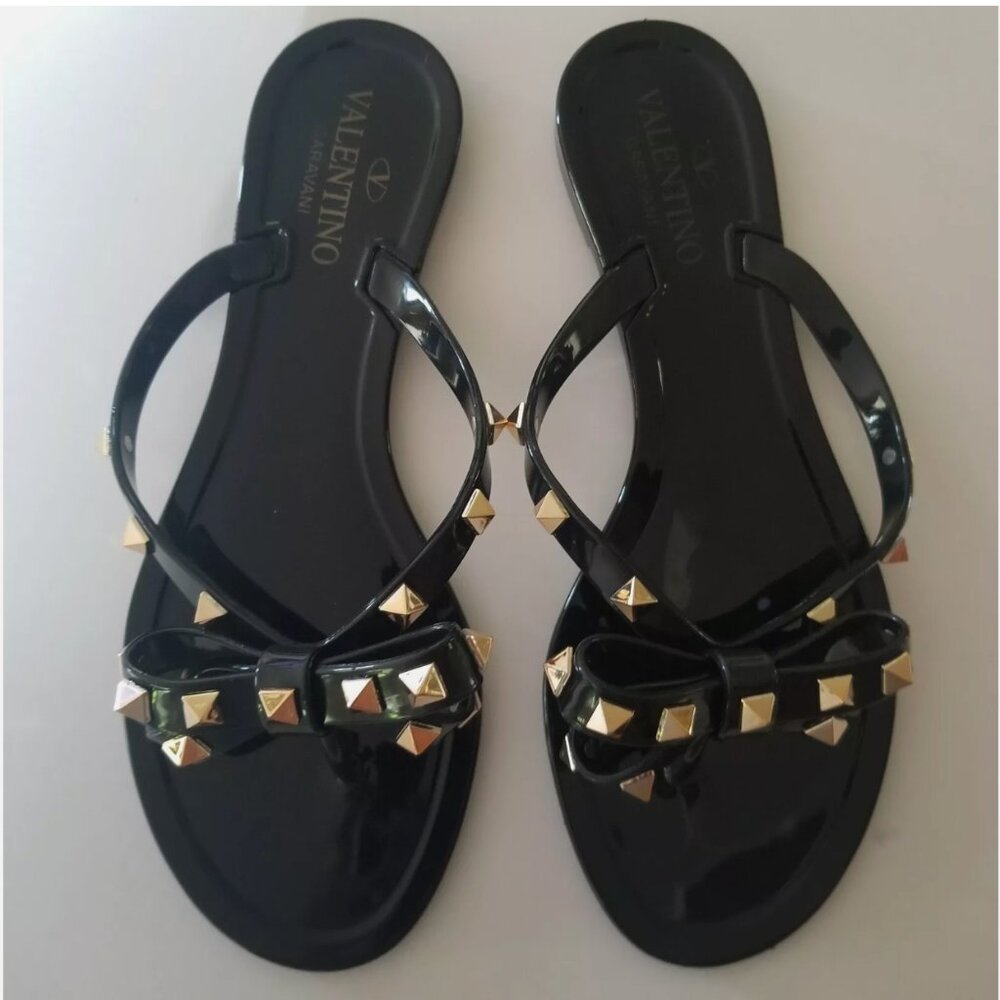 Black Summer Flip Flaps with Golden Studs (EU 38) US Sz 7